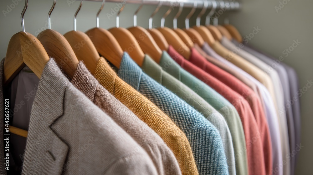 Multiple blazers in various colors hang elegantly on wooden hangers. The closet reflects a harmonious blend of style and order, creating an inviting atmosphere for fashion enthusiasts