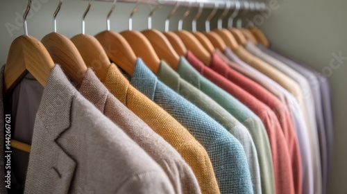 Obraz na płótnie Multiple blazers in various colors hang elegantly on wooden hangers. The closet reflects a harmonious blend of style and order, creating an inviting atmosphere for fashion enthusiasts w salonie