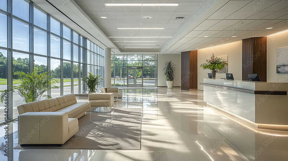 Fototapeta premium Modern open office entrance with sleek design and natural light