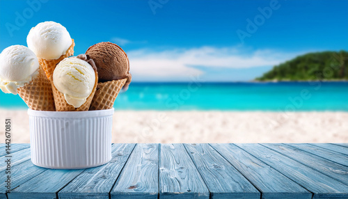 ice cream in waffles on wooden table with summer beach background summer background for montage product display or design