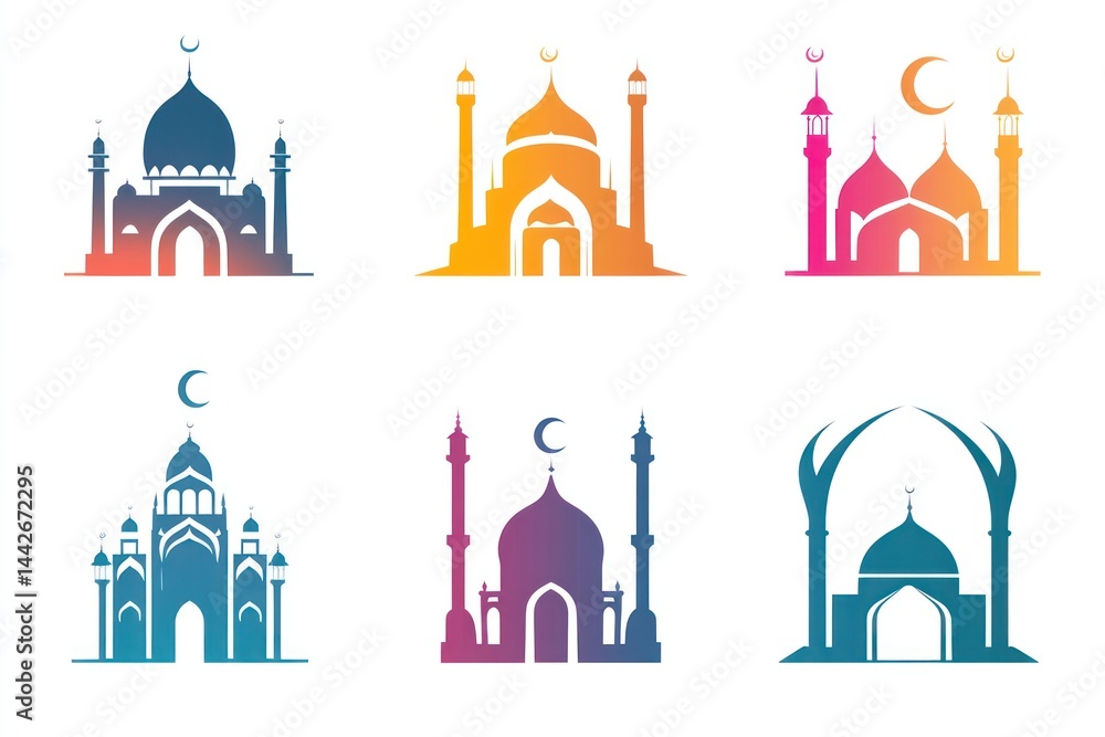 Six colorful gradient mosque icons in various styles. Six colorful gradient mosque icons in various styles.