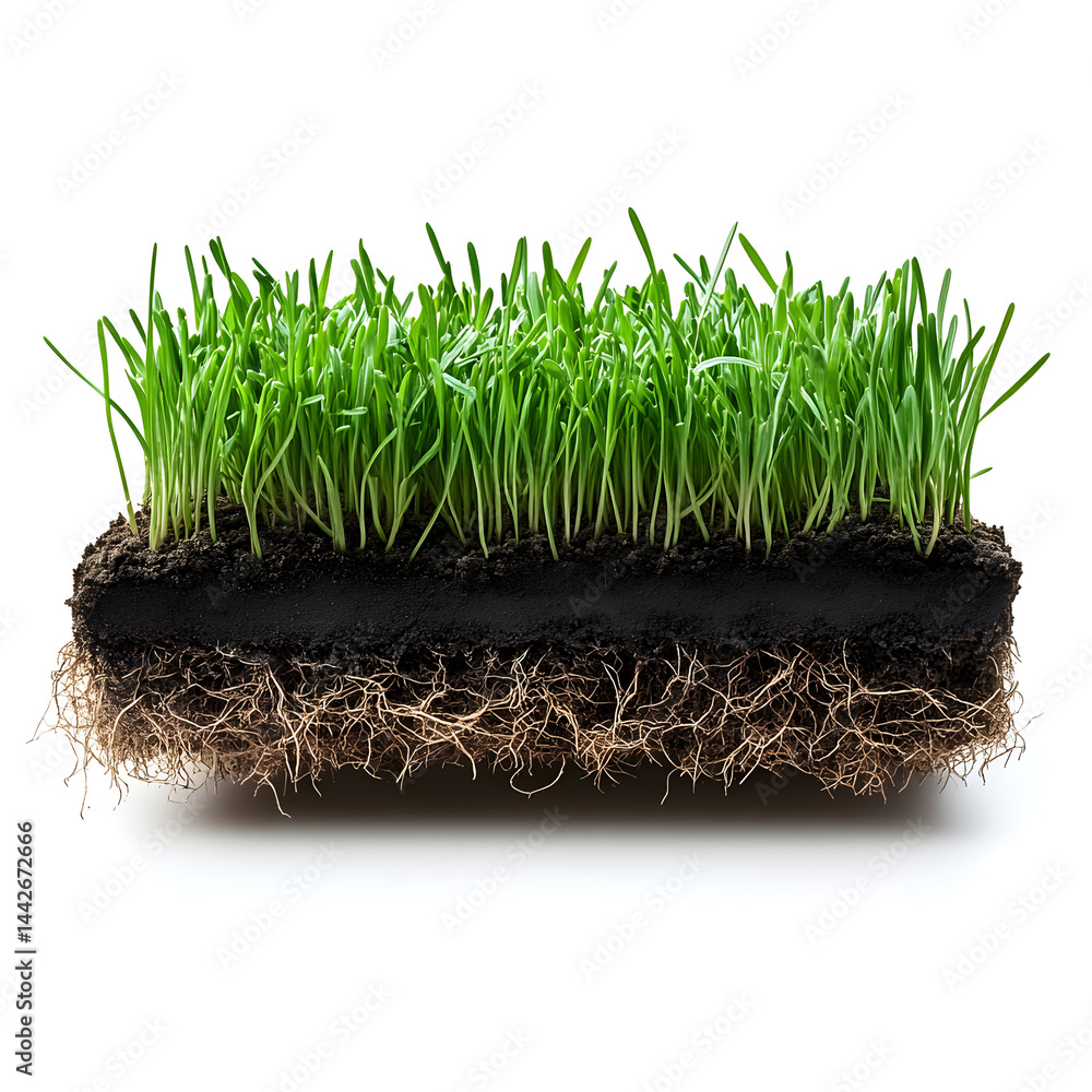 Green grass growing from ground soil cross section with roots