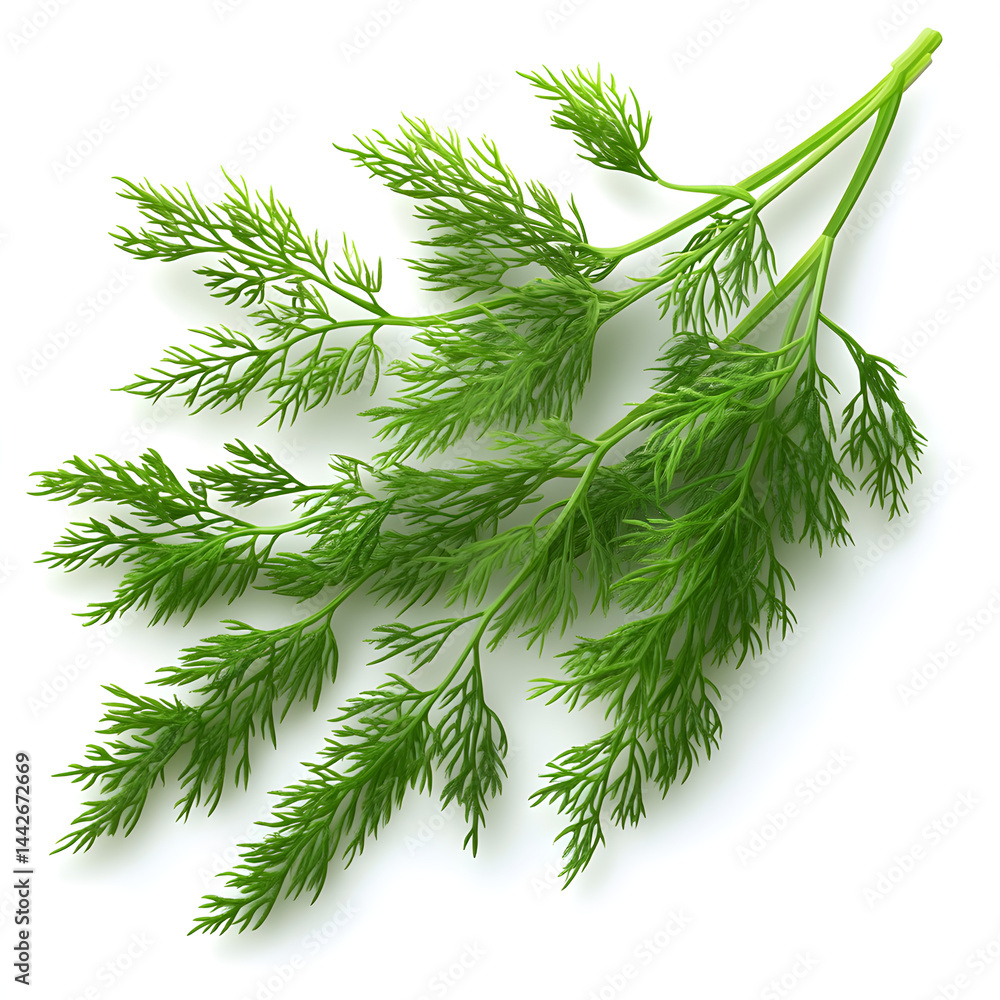 Fresh dill sprig lying on white background