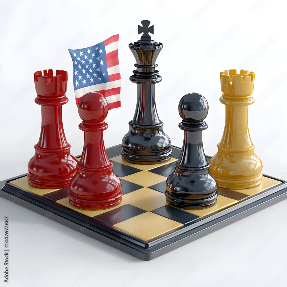 Chess pieces representing usa facing opponents on chessboard
