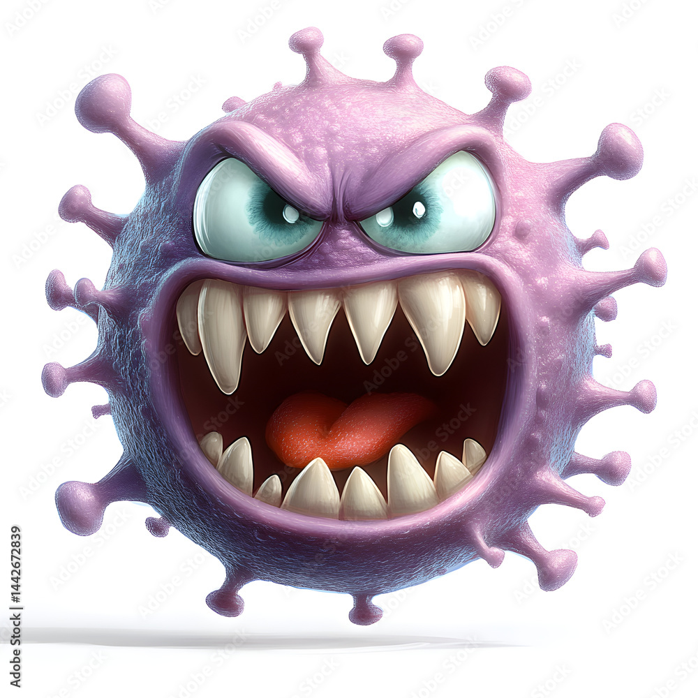 Angry virus showing teeth and tongue, a 3d illustration