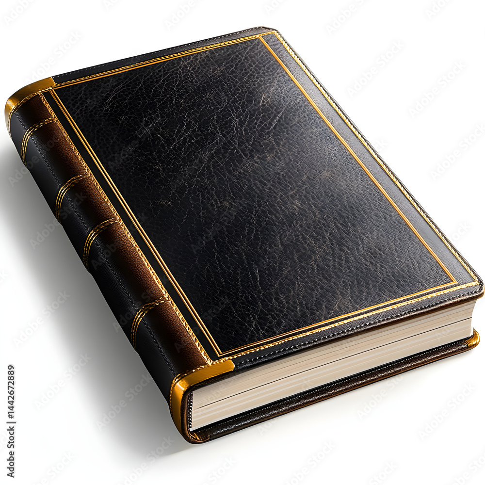 Elegant closed antique book with golden decorations resting on white background