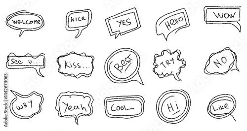 Comic boom cartoon effect line element set, bubble speech crayon pencil doodle sketch