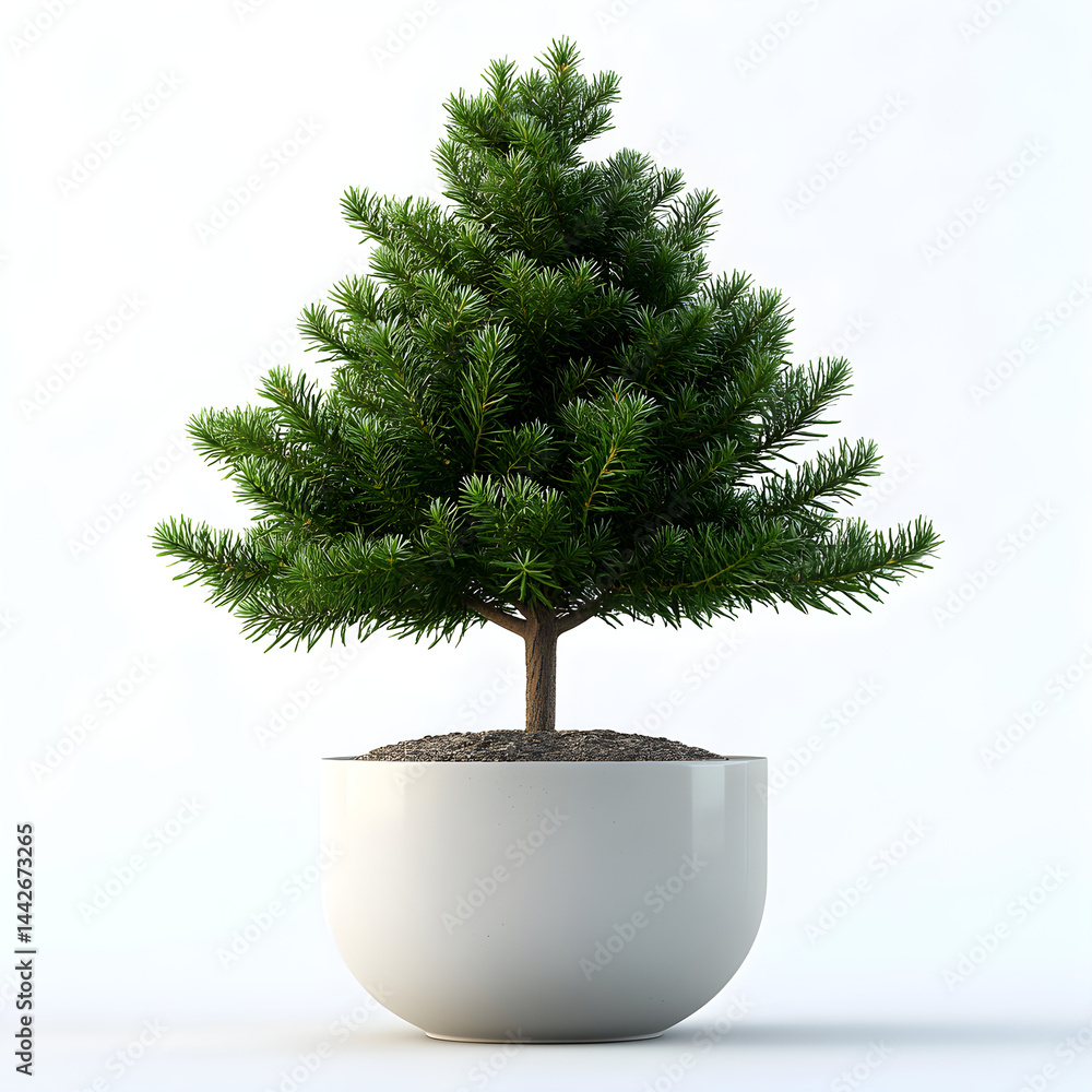 Small fir growing in a white pot on white background