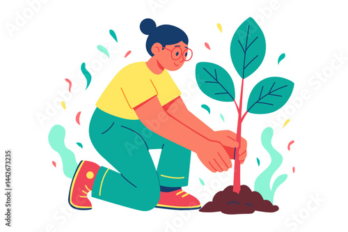 A young person with a bun hairstyle and glasses is planting a tree. The image features vibrant colors and a playful cartoon style, promoting environmental awareness.