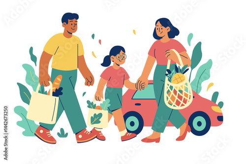 A cheerful family of Hispanic descent, including a woman, a man, and a girl, walking from a car while holding groceries and enjoying their day together.