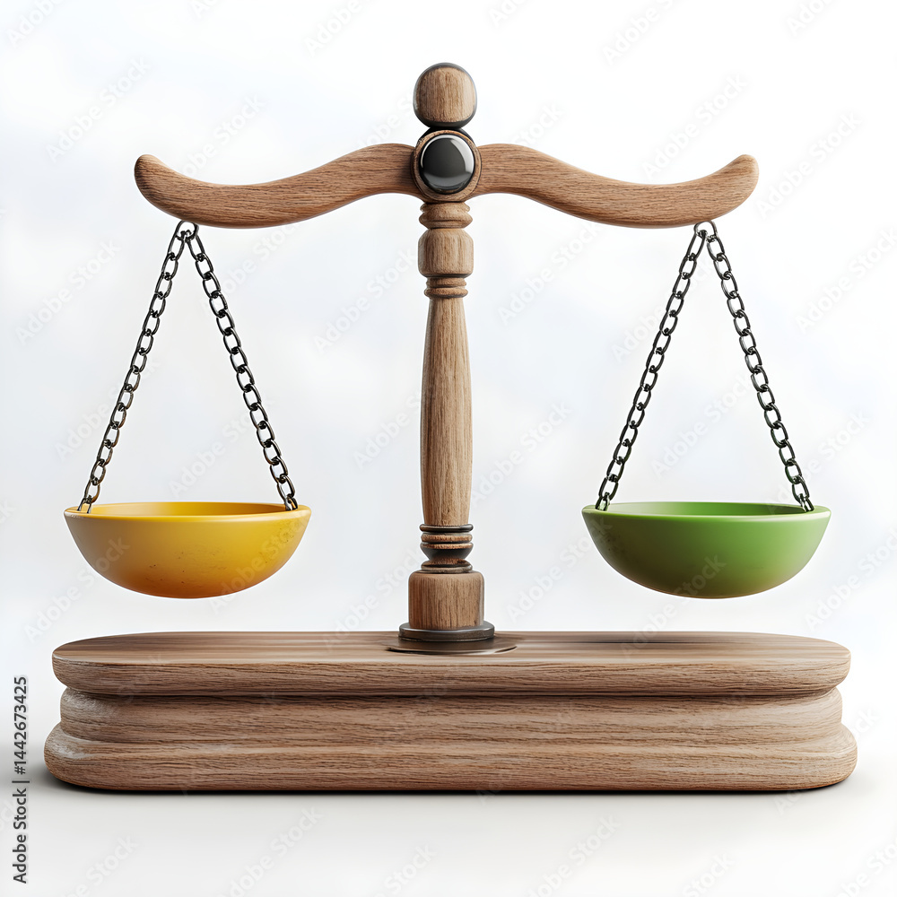 Wooden balance scale comparing green and yellow weights on white background