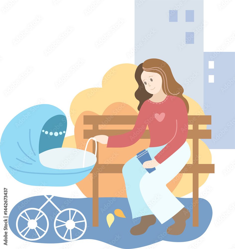 Obraz premium Mother with blue baby stroller in the park. Autumn season