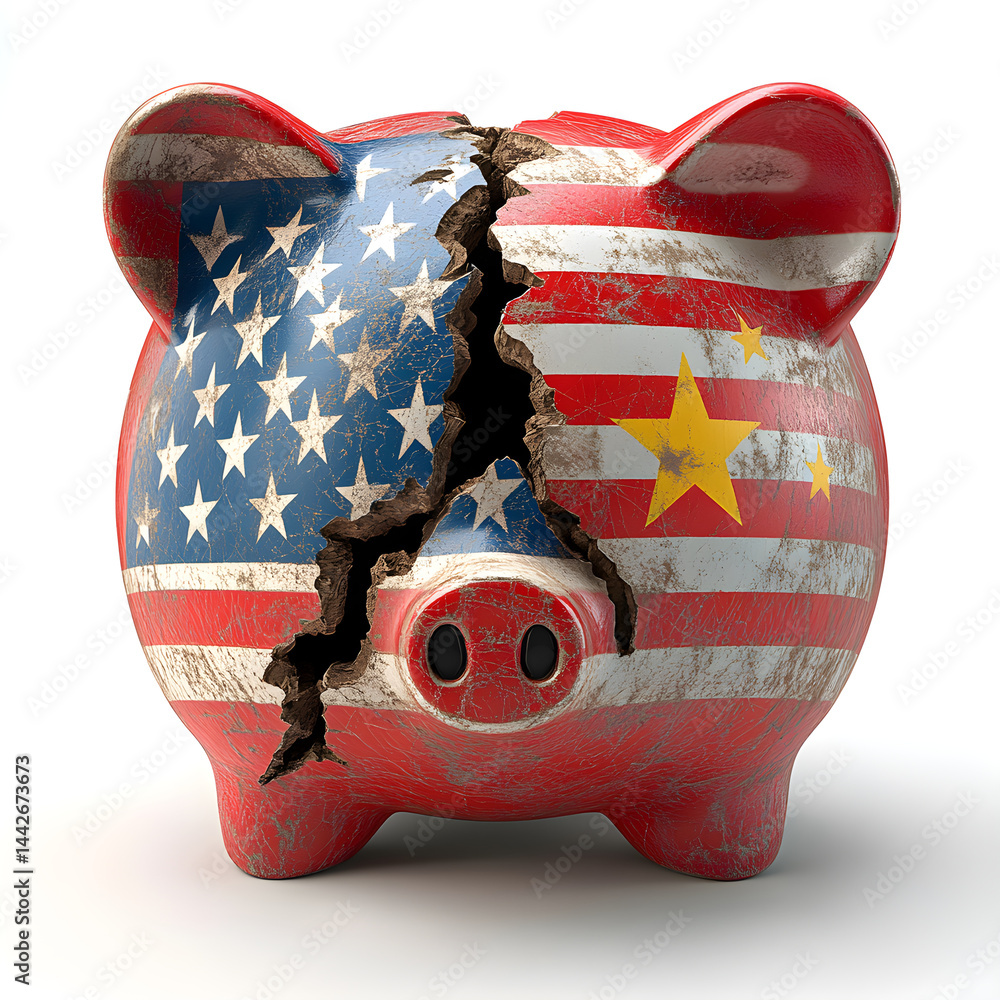 Broken piggy bank with usa and china flags showing trade war