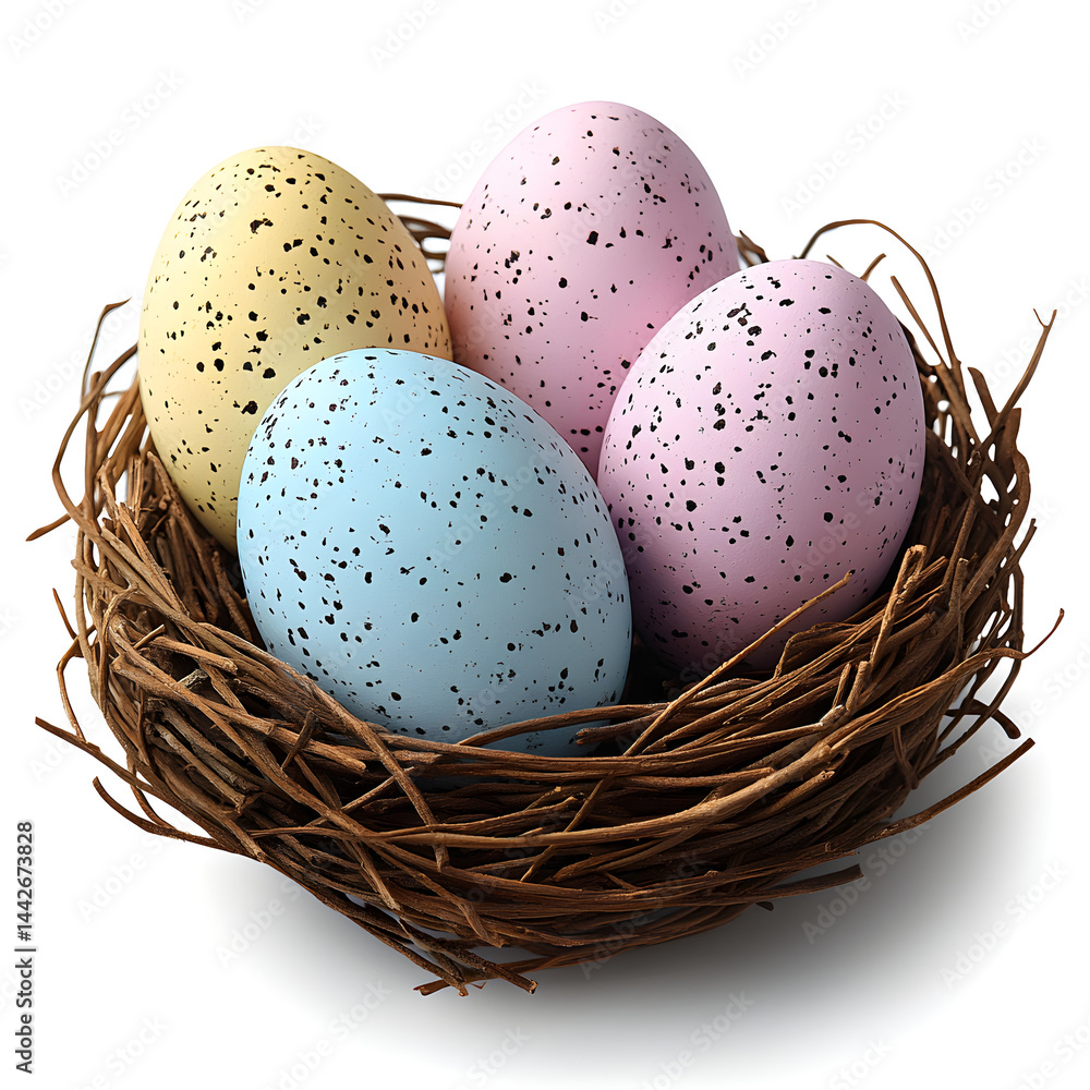Colorful speckled easter eggs resting in a nest