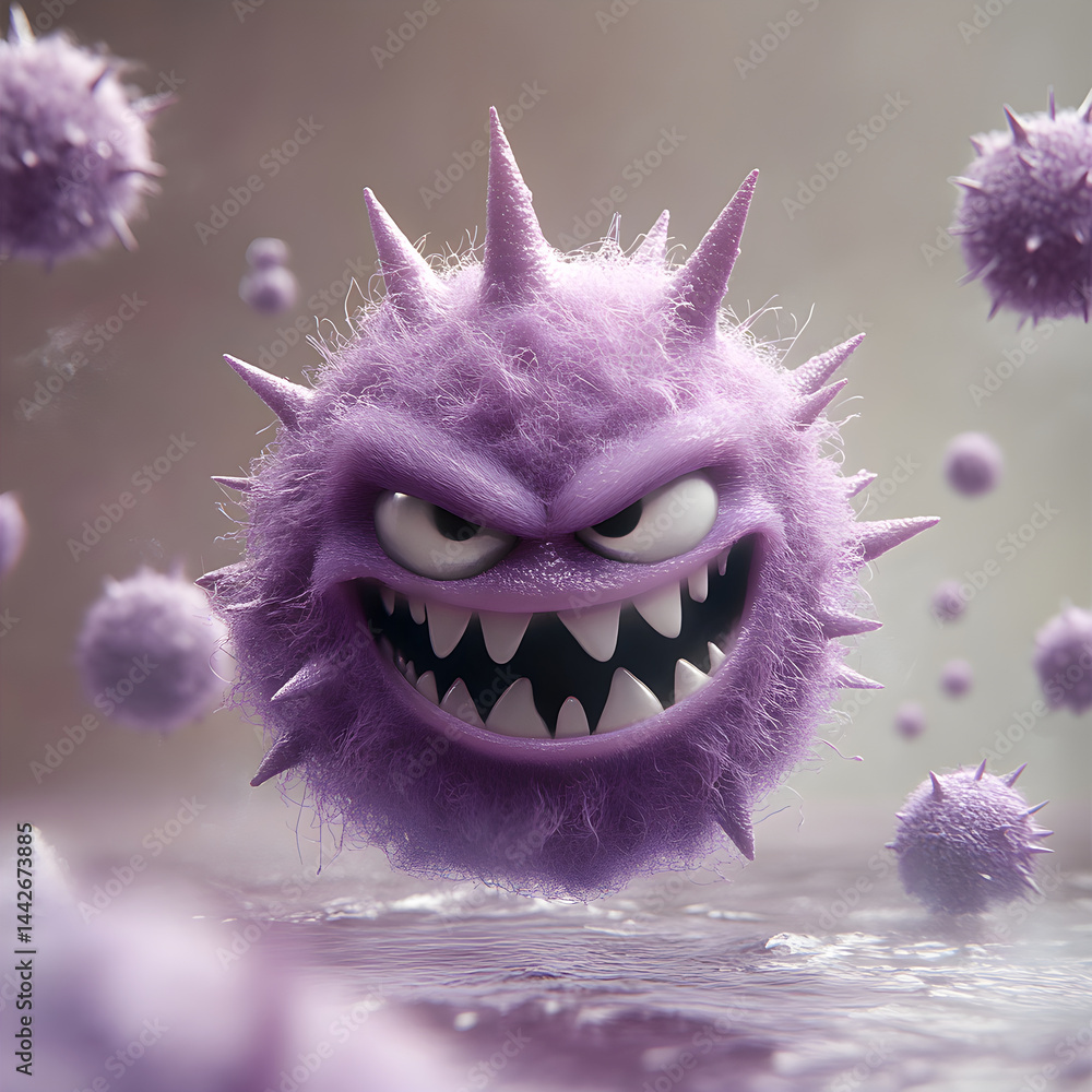 Angry virus floating and showing teeth