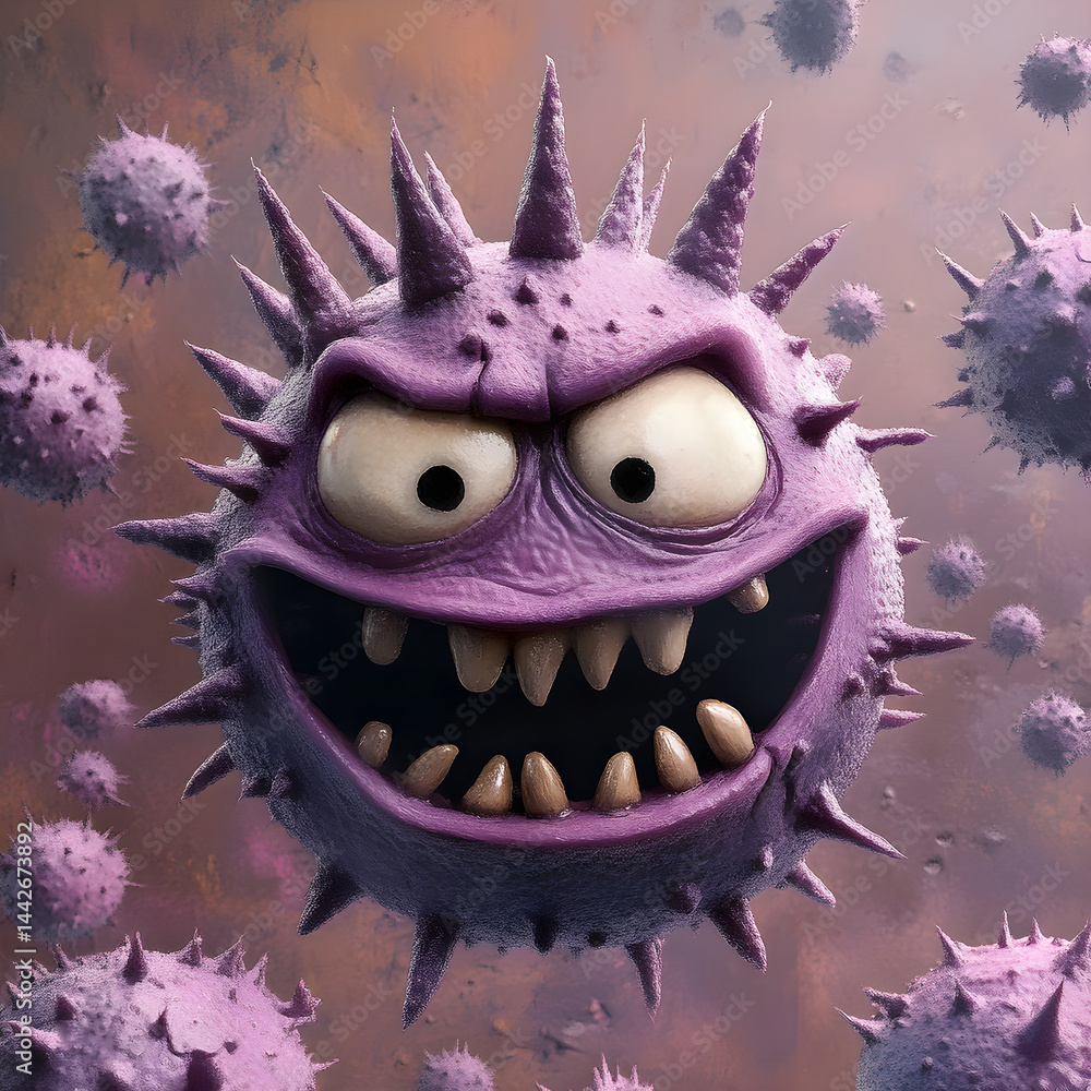 Mean virus grinning showing teeth and spreading infection