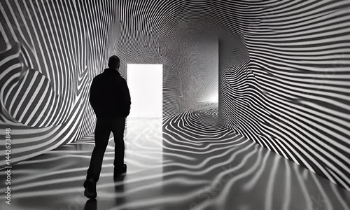 Person observing an optical illusion art installation.