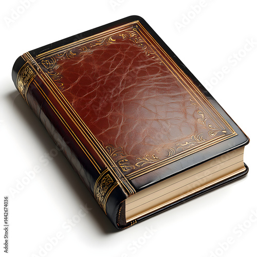 Antique leather bound book with golden decorations resting on white background