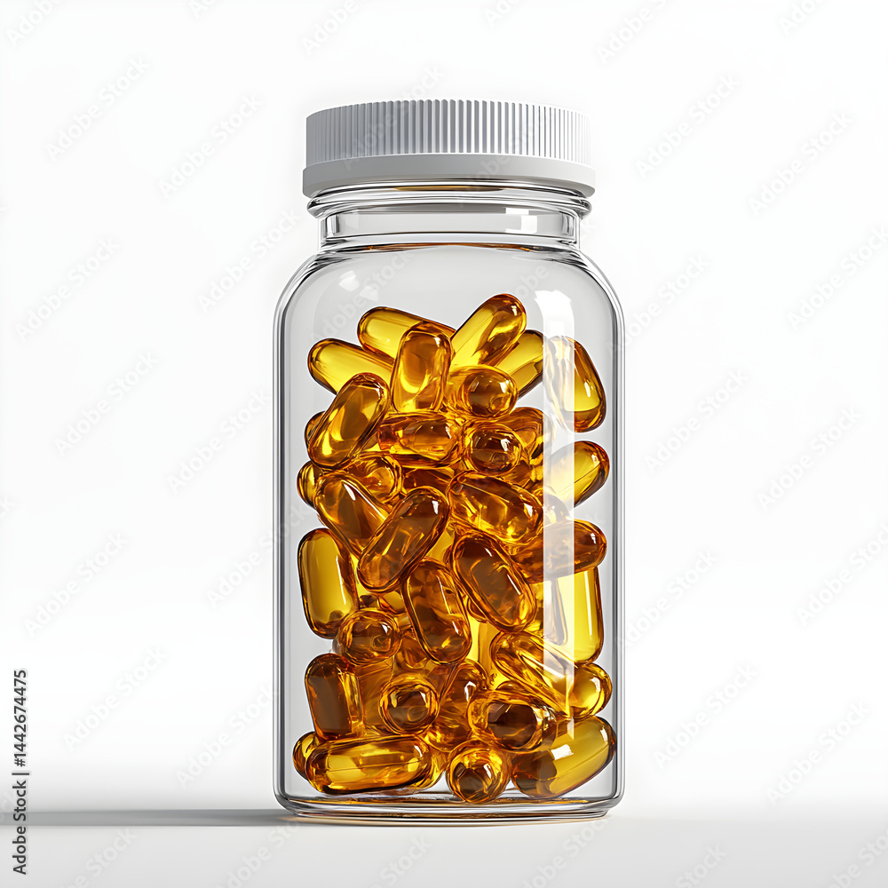 Transparent pill bottle containing golden vitamin capsules on white background