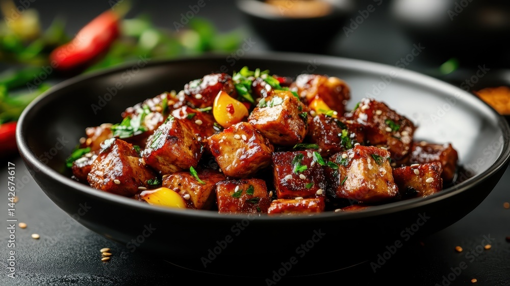 A vibrant bowl of glazed tofu cubes showcasing a mix of flavors, garnished with fresh herbs, presenting an appealing and appetizing dish for food lovers and chefs alike. A vibrant bowl of glazed tofu cubes showcasing a mix of flavors, garnished with fresh herbs, presenting an appealing and appetizing dish for food lovers and chefs alike.