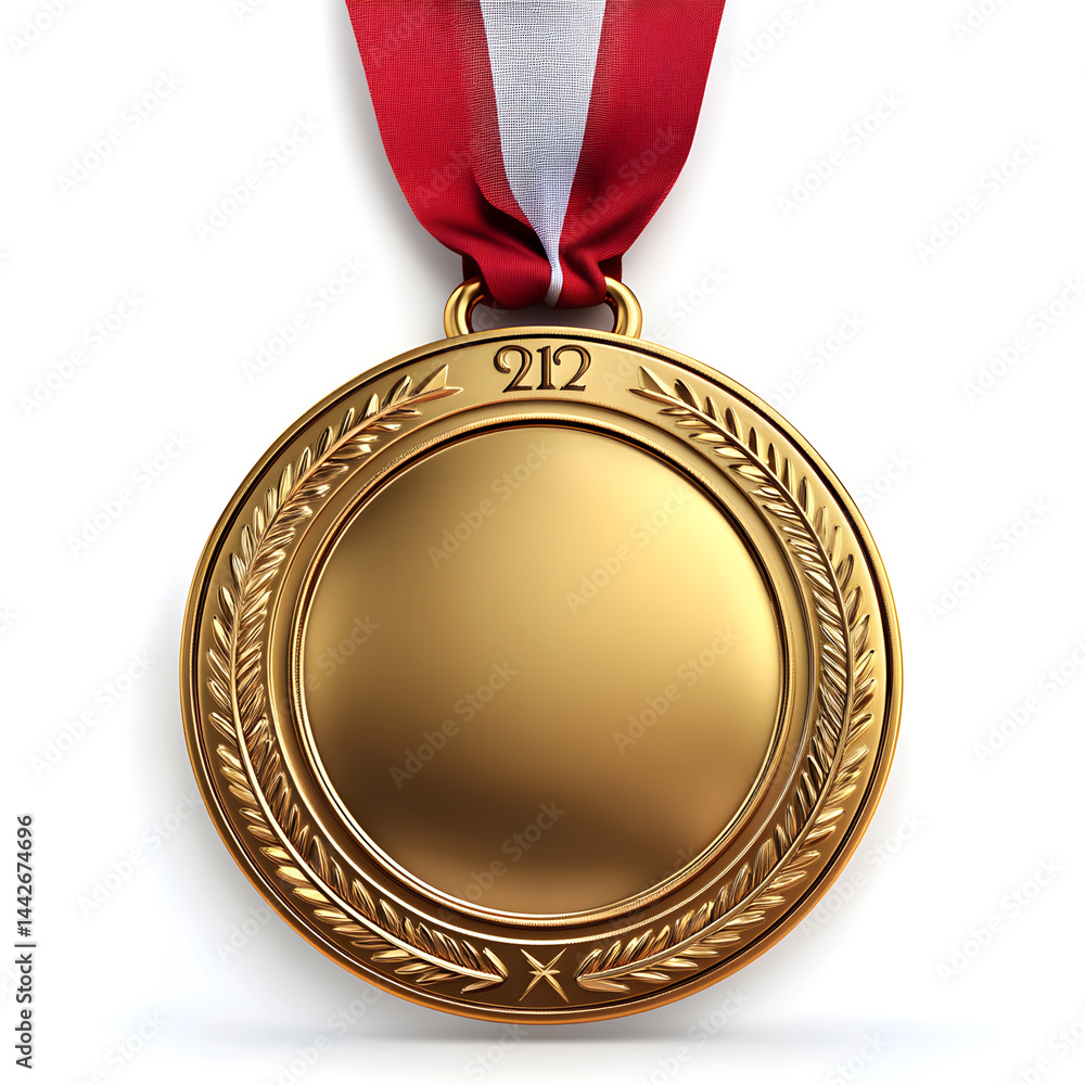 Gold medal hanging from red and white ribbon symbolizing victory