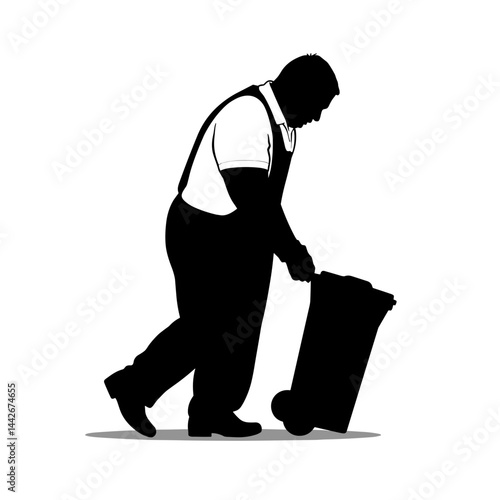 Silhouette of a man walking with a trash can  