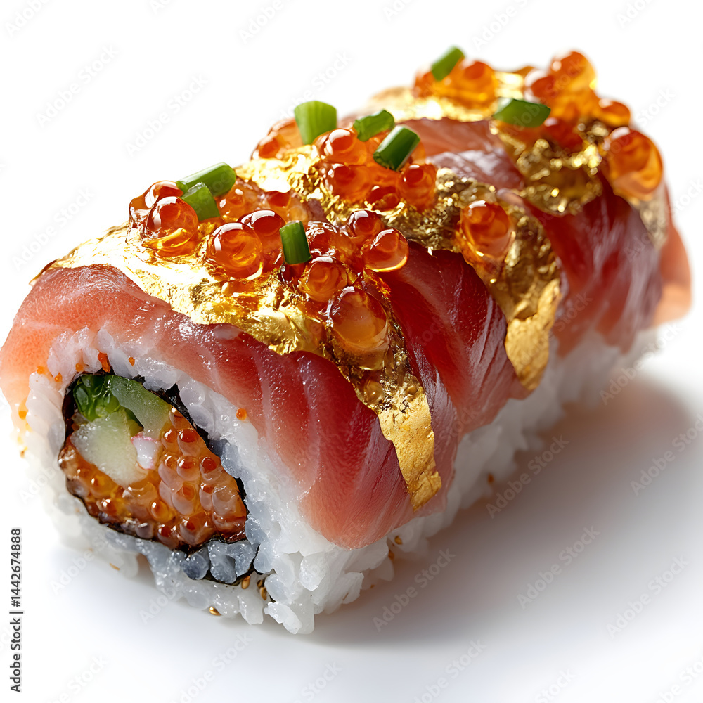 Luxurious sushi roll covered with gold leaf and salmon roe