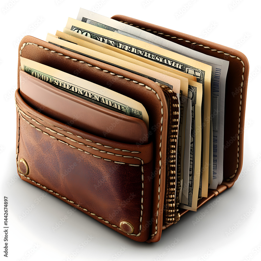 Leather wallet overflowing with us dollar bills on white background