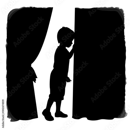 Child silhouette peering behind curtains in black and white  
