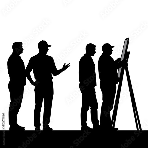 Silhouette of people observing and discussing a presentation  