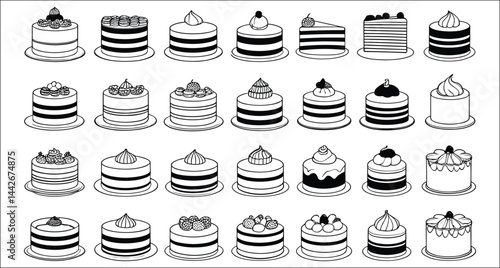 Vector Set Of Various Cake Designs In Black And White Style