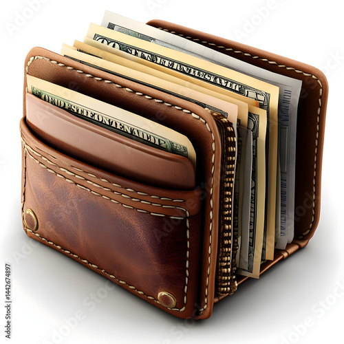 Obraz na płótnie Leather wallet overflowing with us dollar bills on white background w salonie