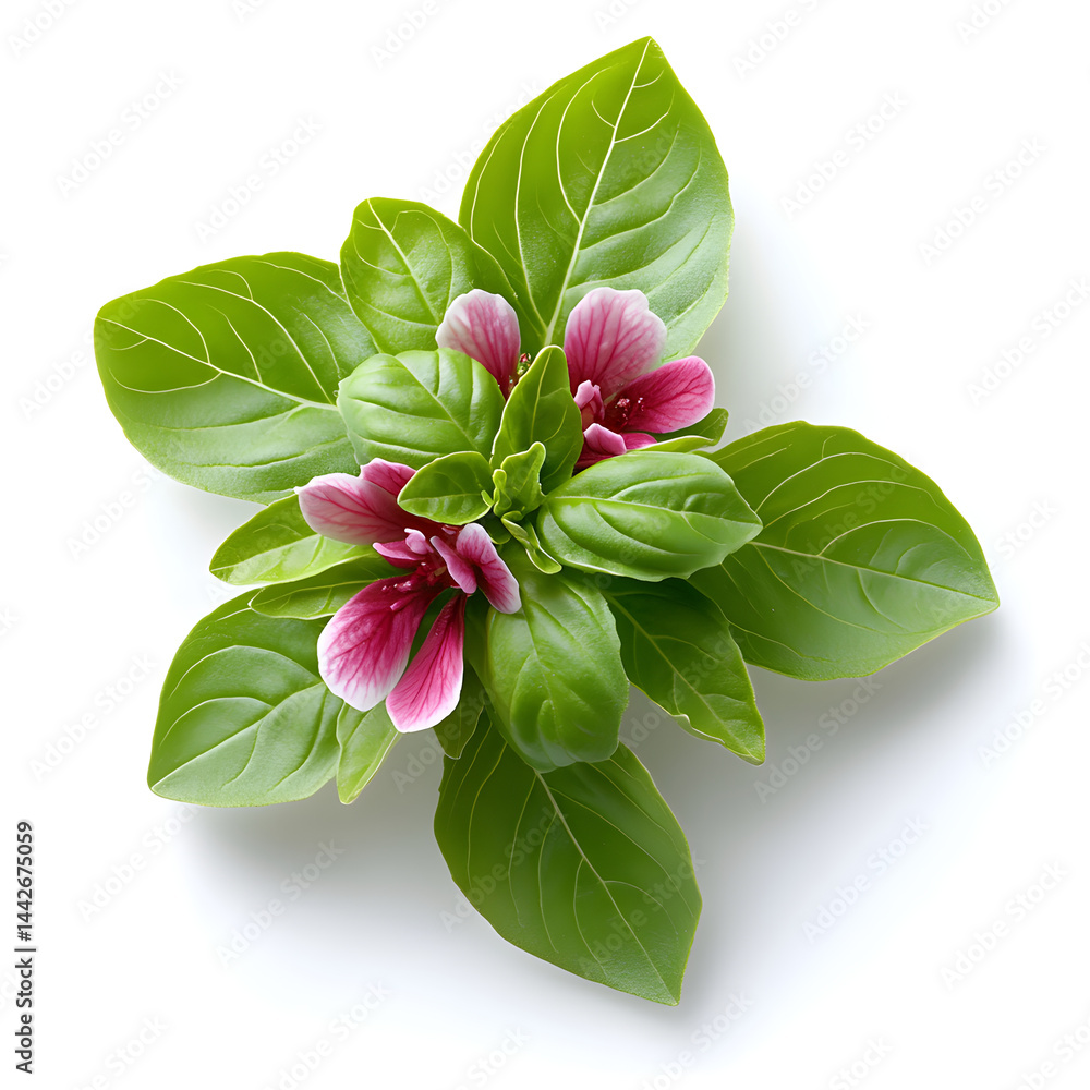 Fresh basil leaves and flowers on white background