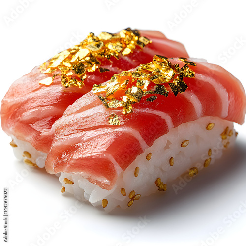 Two nigiri sushi with gold flakes resting on white background