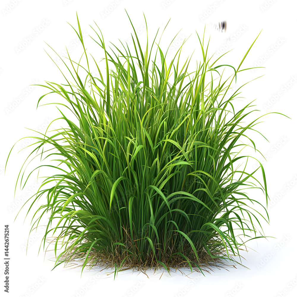 Lush green grass growing on white background