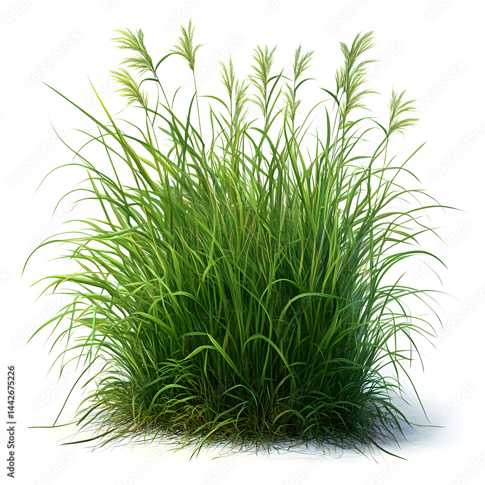 Lush green grass growing on white background