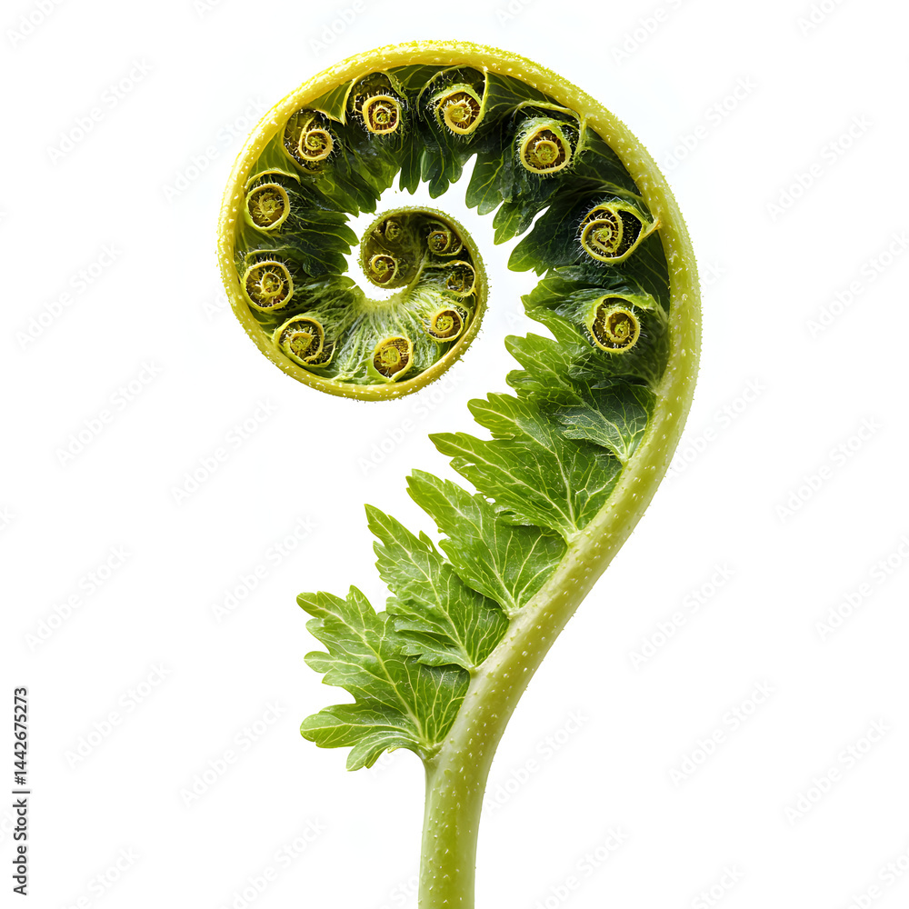 Young fern frond unfurling showing spiral shape on white background