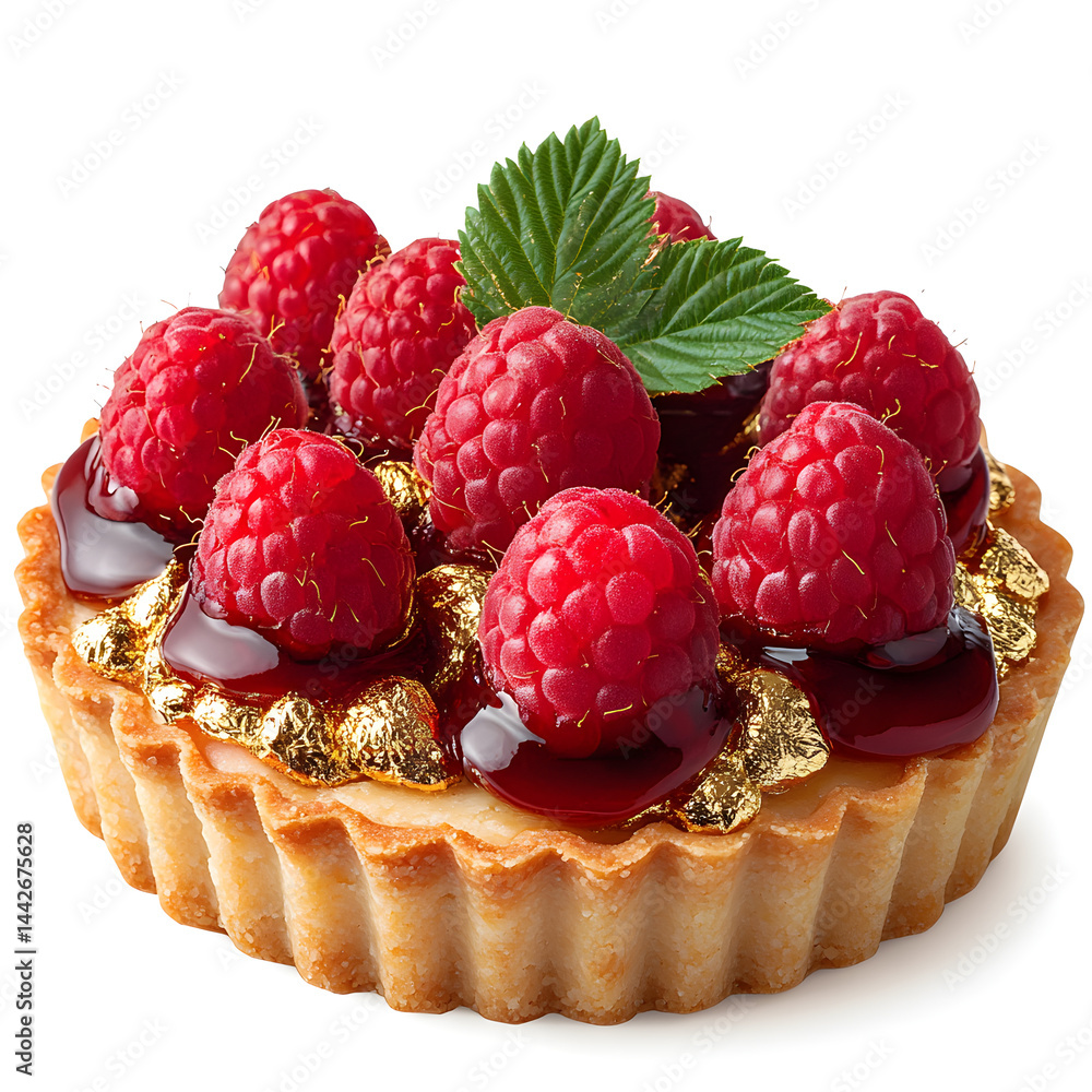Delicious raspberry tartlet decorated with gold leaf and mint