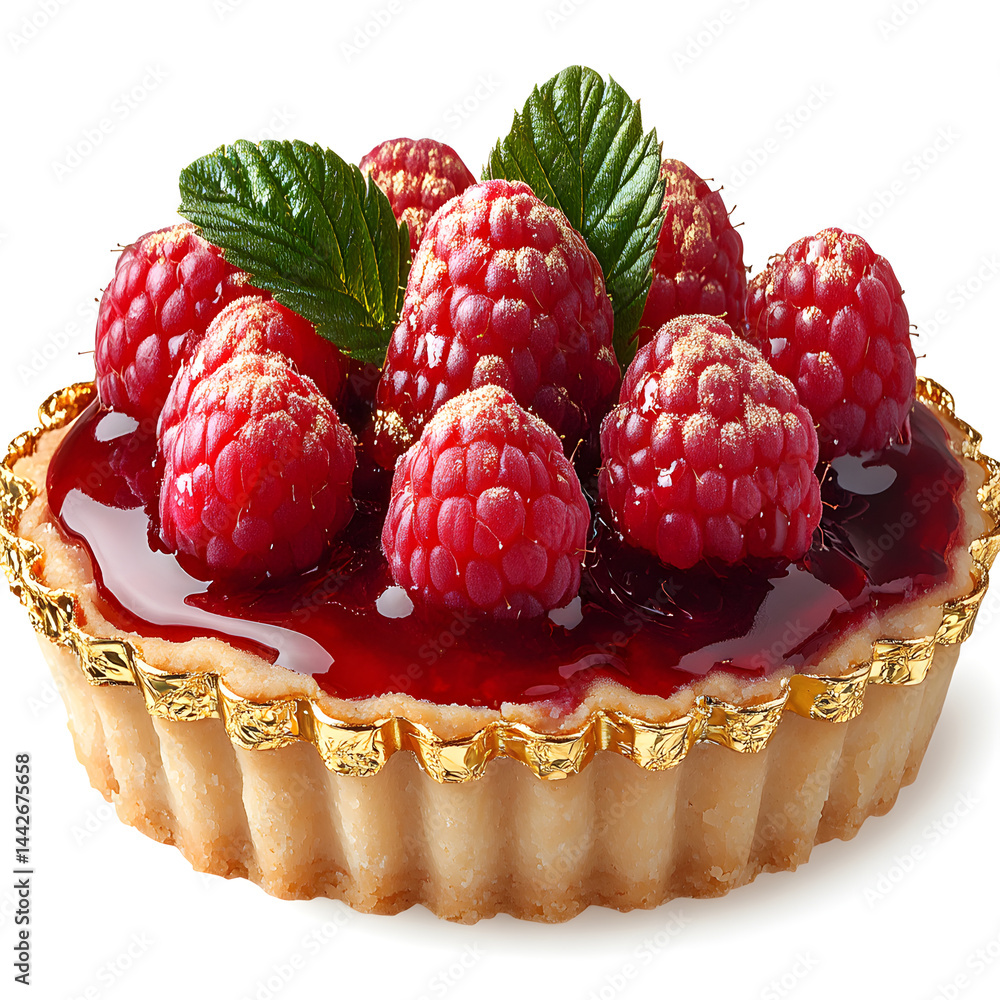 Delicious raspberry tartlet garnished with gold and mint leaves