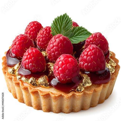 Obraz na płótnie Delicious raspberry tartlet decorated with gold leaf and mint w salonie