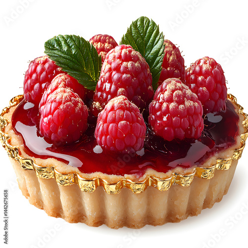 Obraz na płótnie Delicious raspberry tartlet garnished with gold and mint leaves w salonie