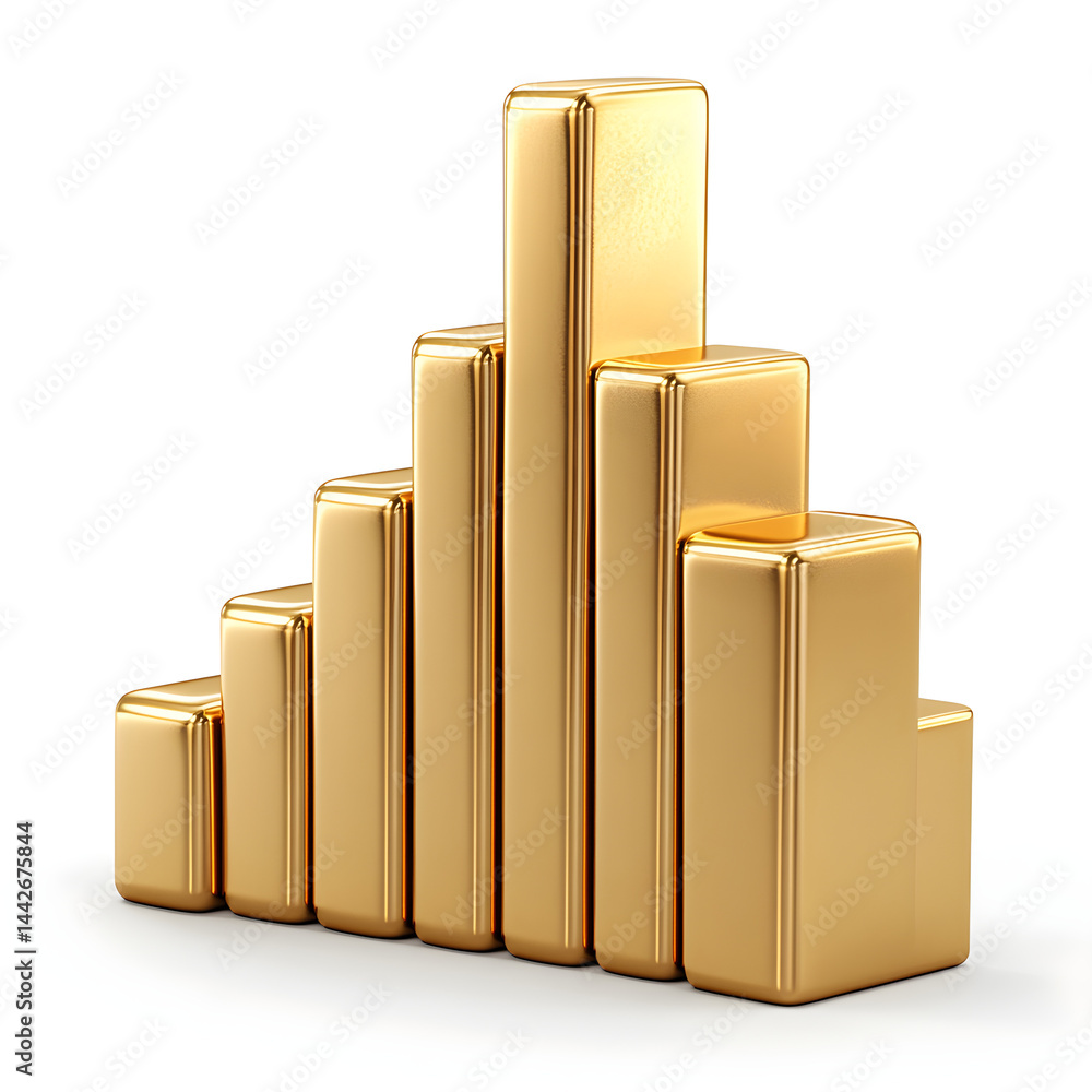 Golden bars chart growing on white background