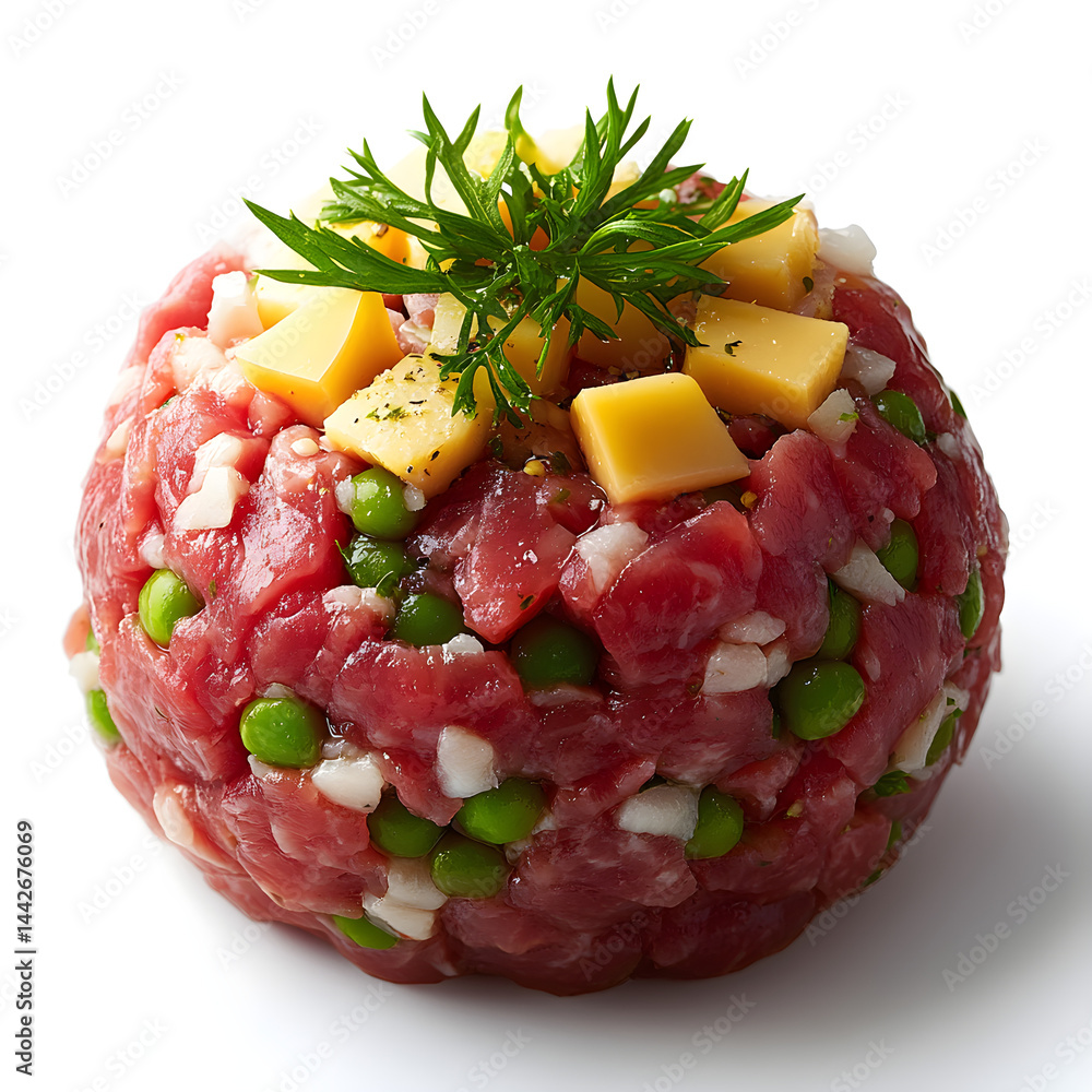 Steak tartare with cheese, peas and herbs on white background