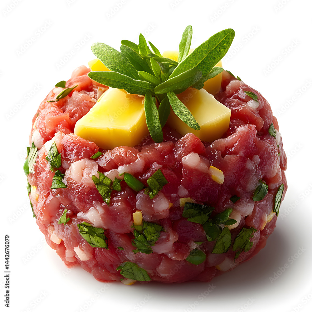 Delicious steak tartare with herbs and cheese on white background