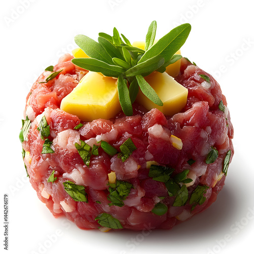 Obraz na płótnie Delicious steak tartare with herbs and cheese on white background w salonie