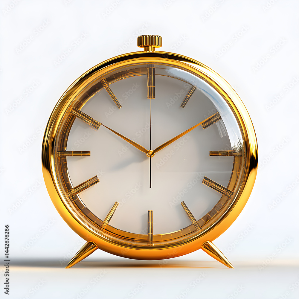 Golden alarm clock showing eight o'clock on white background