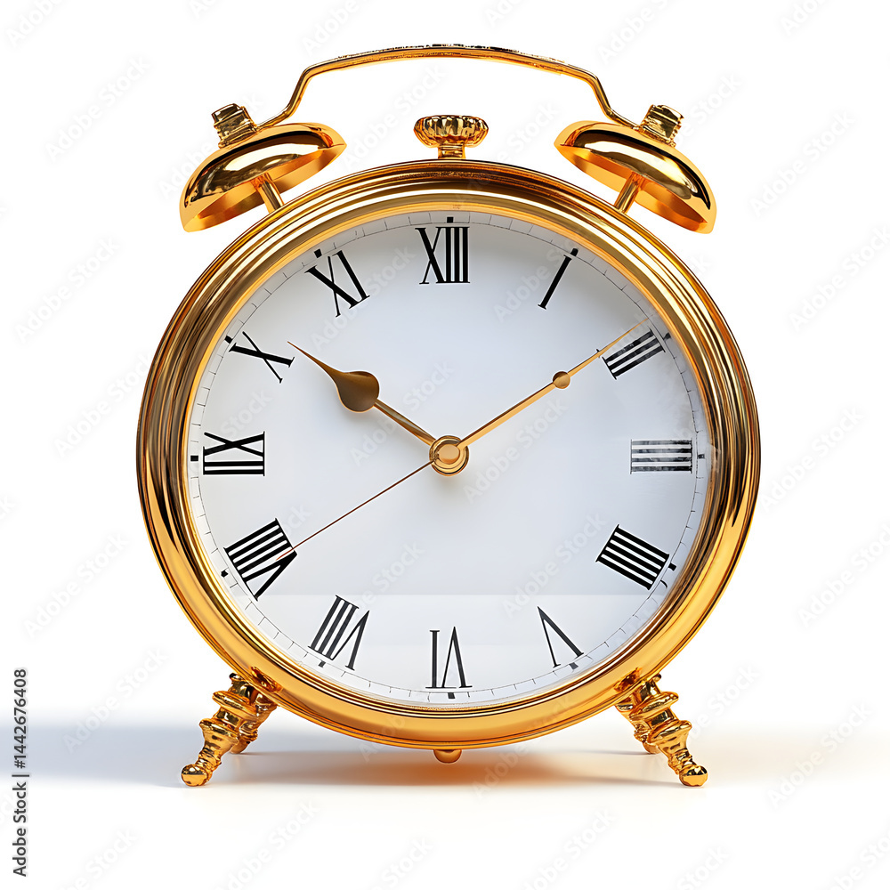 Golden alarm clock showing time on white background