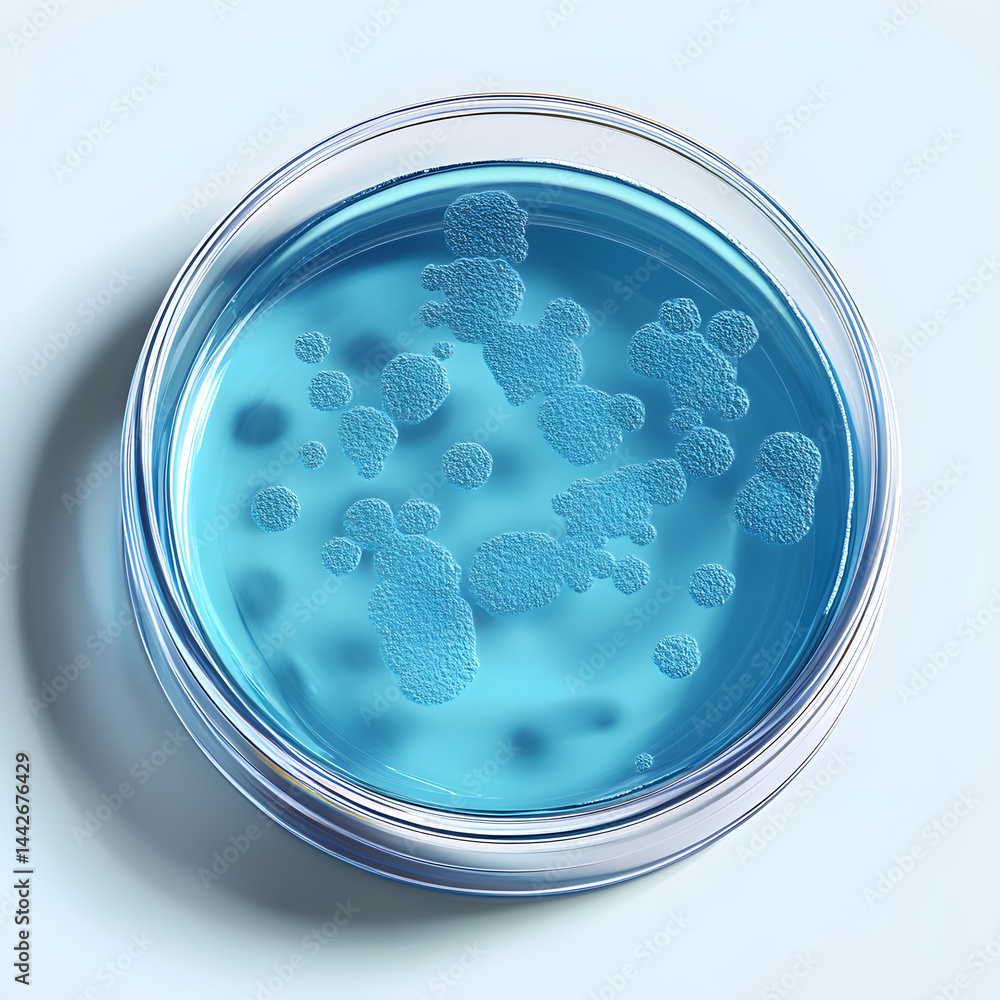 Petri dish showing growing bacterial colonies in blue culture medium
