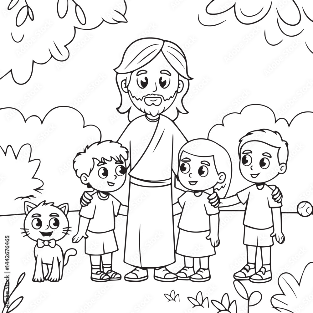 Jesus with Children and Animals – Line Art Coloring Page Jesus with Children and Animals – Line Art Coloring Page