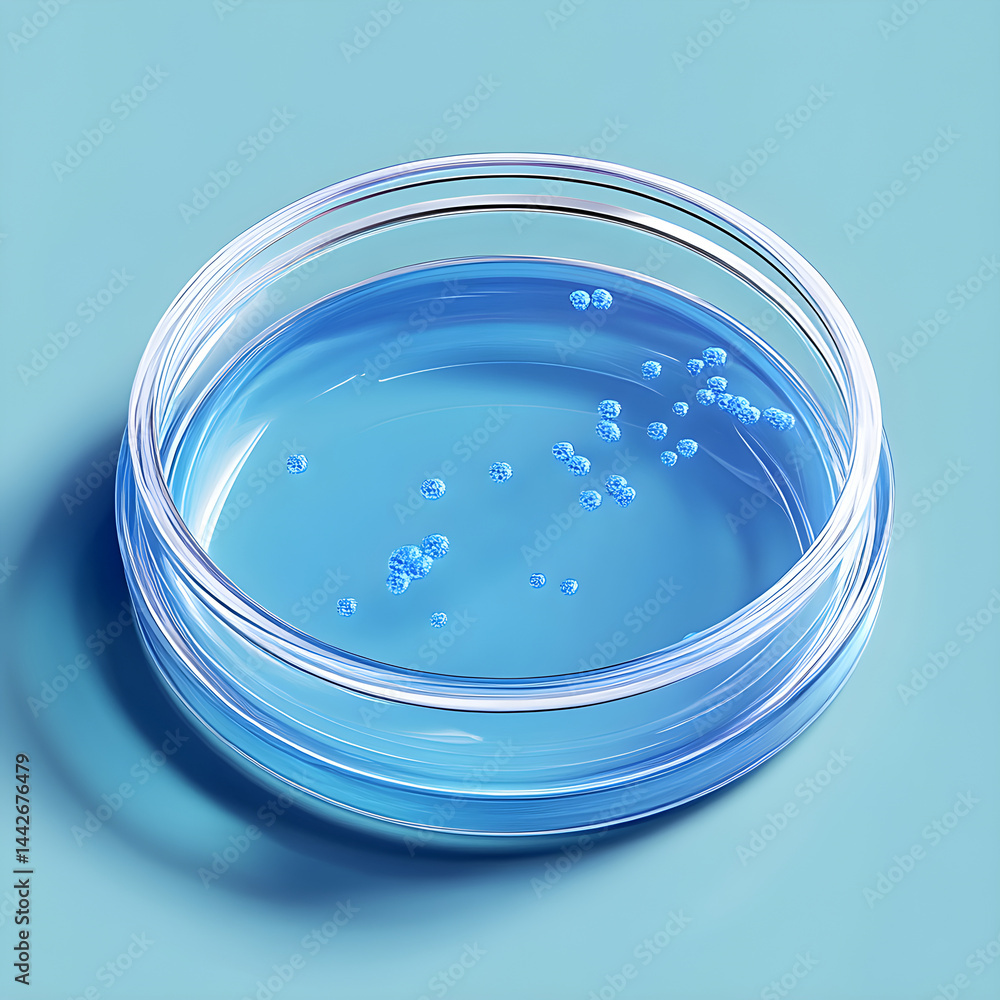 Petri dish containing blue liquid and cells growing in laboratory setting